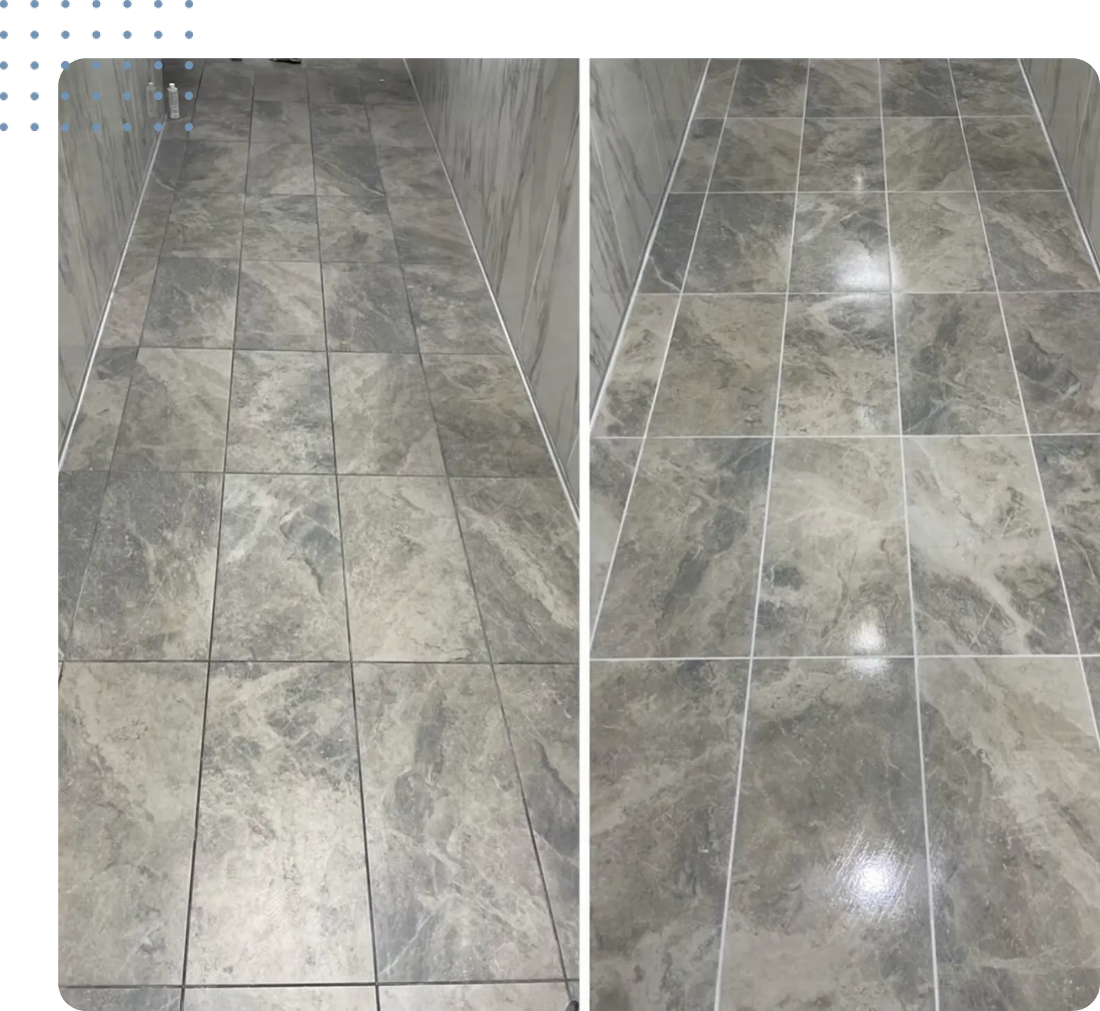 Before and after images of a tiled hallway floor, showcasing restored grout lines and enhanced tile appearance after grout sealing and recoloring services by Ultimate Finish in Las Vegas.