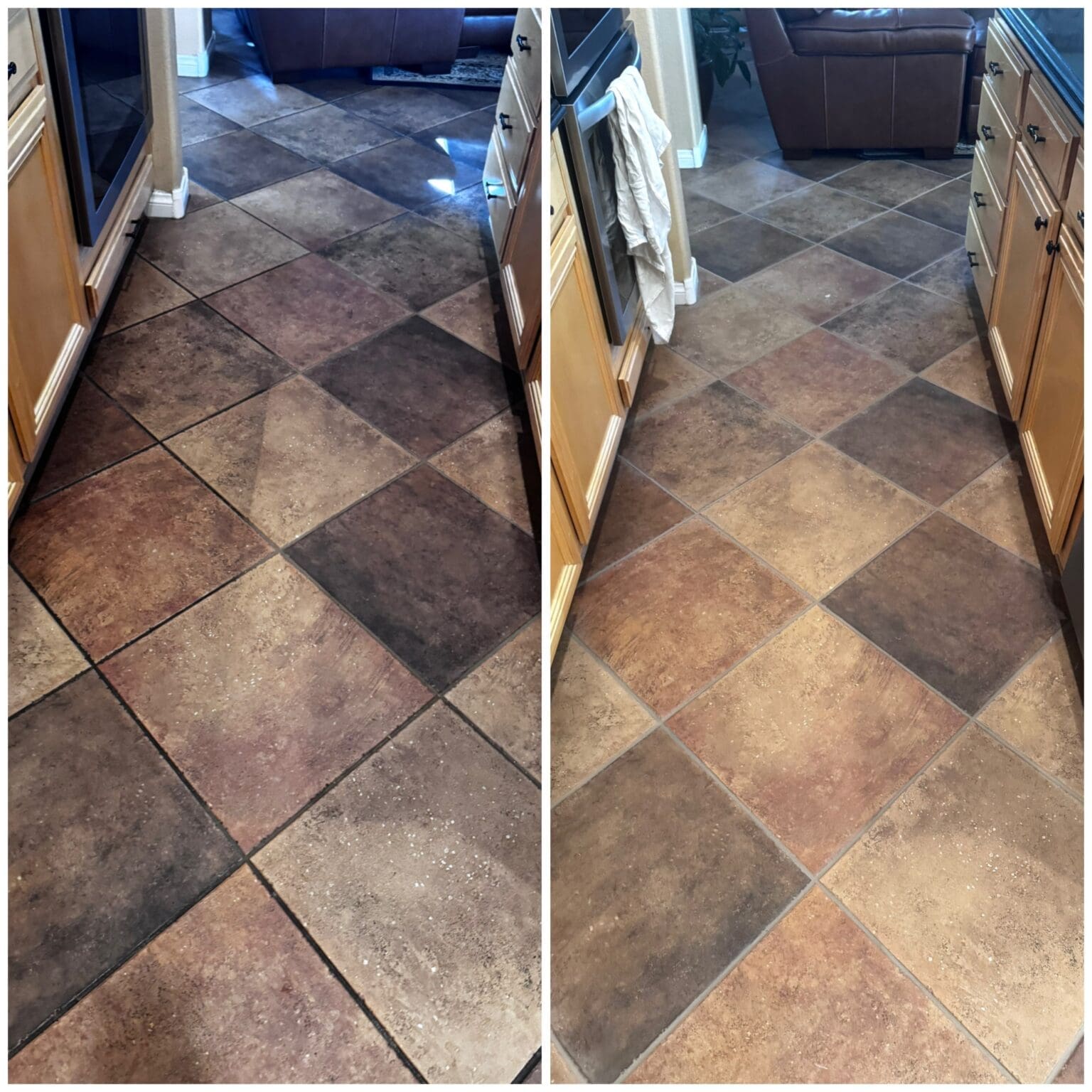 Before and after comparison of clean tile flooring in a kitchen, showcasing the effectiveness of Ultimate Finish Stone, Tile & Grout Inc. cleaning services.