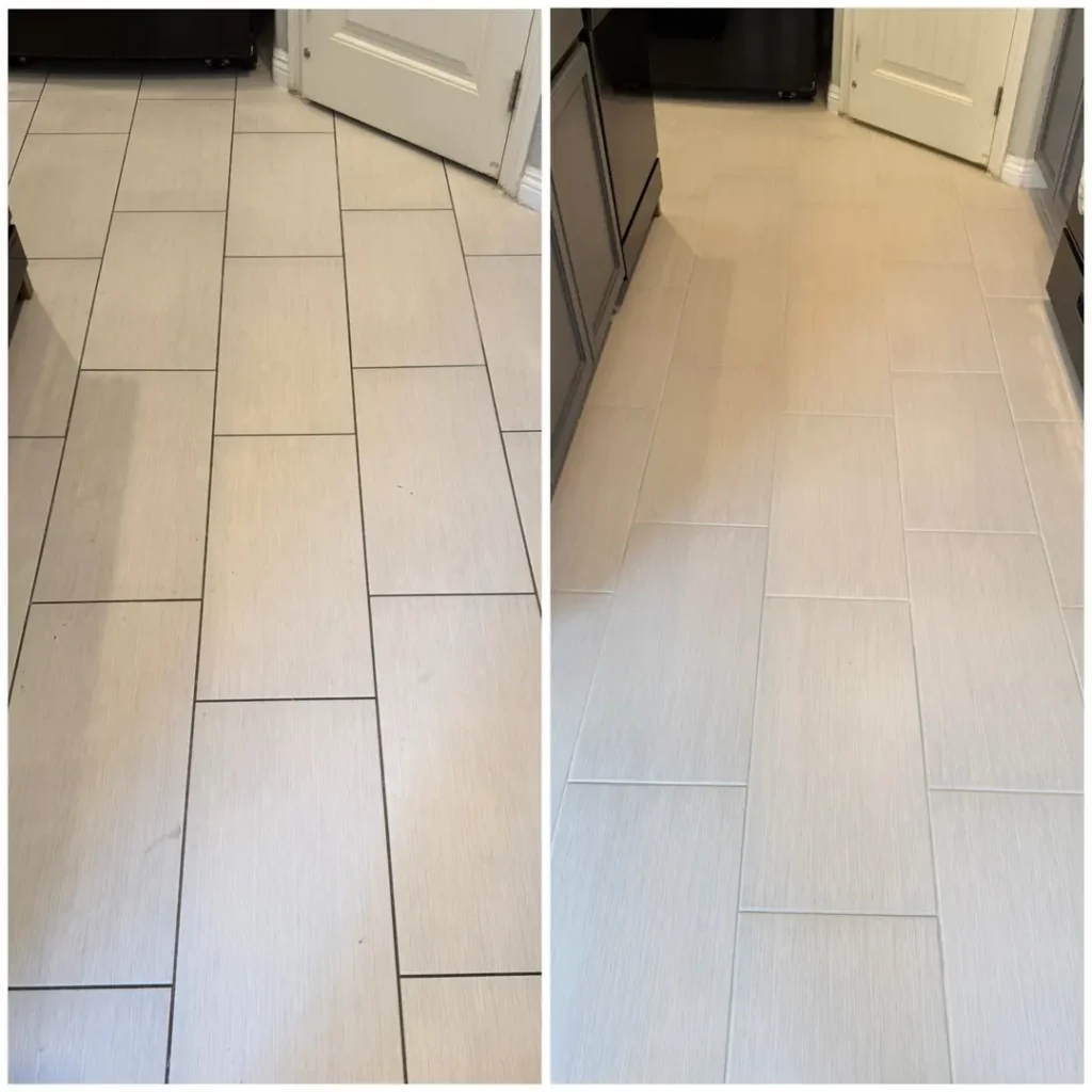 Before and after grout cleaning on a white plank tile kitchen floor, with dark grout lines restored to a light color