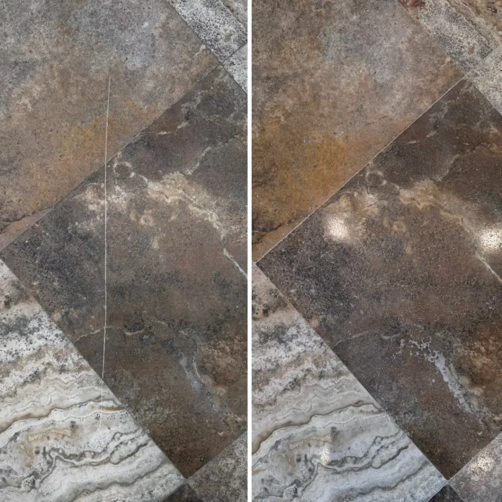 Before and after on a stone floor, with a long line of damage across two tiles repaired and the surface polished