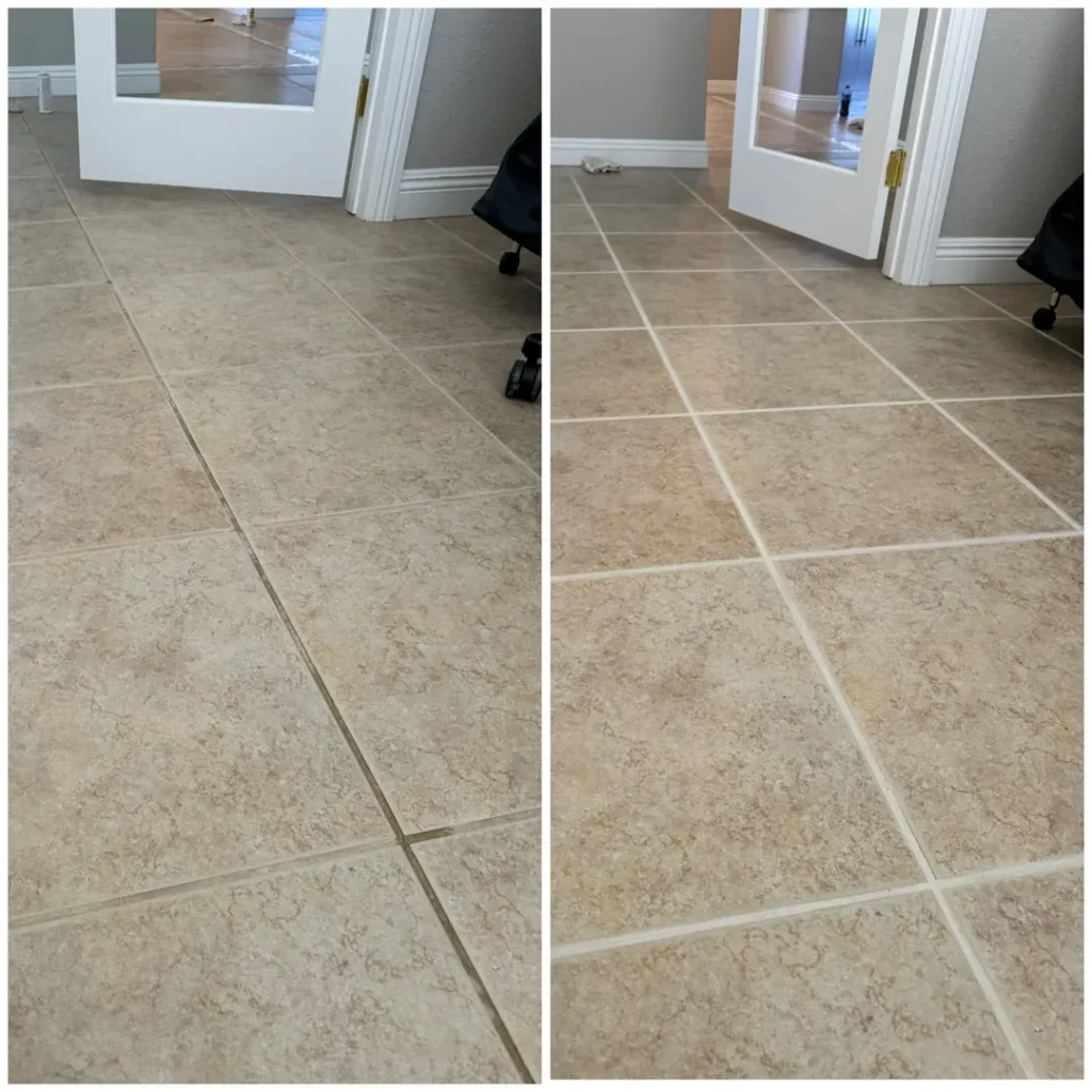 Before and after tile and grout cleaning in a Las Vegas home, with dirty grout lines cleaned to an even light color