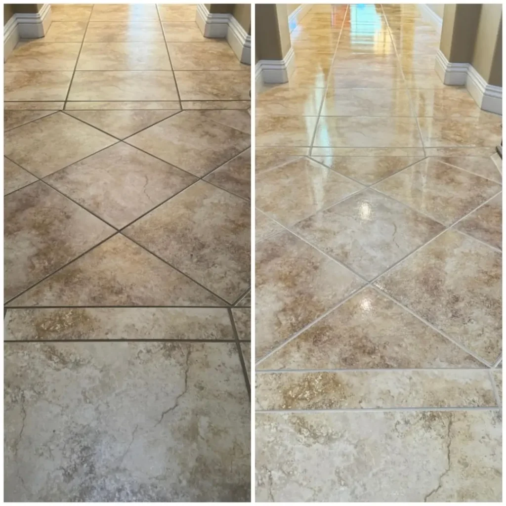 Before and after tile and grout cleaning in a tiled hallway, with dark grout lines cleaned to a light color
