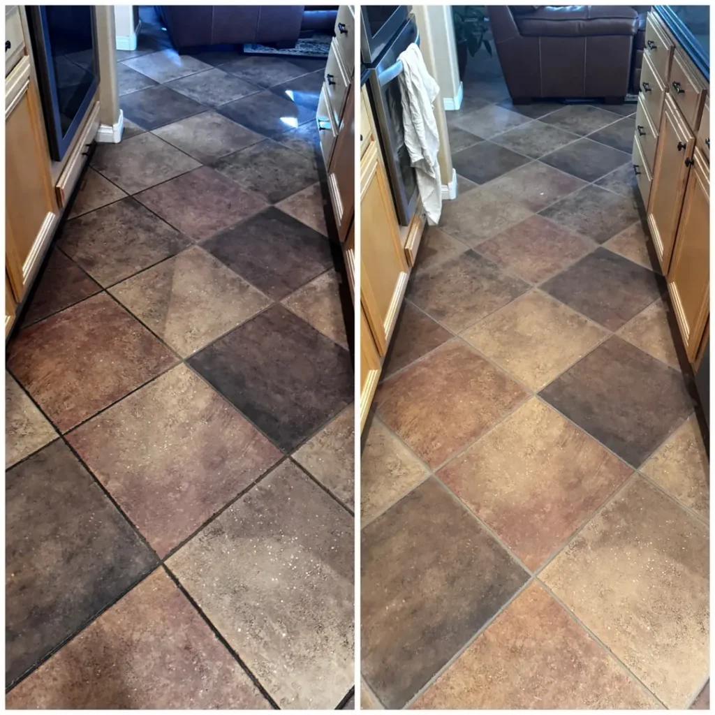 Before and after tile and grout cleaning on a diagonal ceramic tile kitchen floor in a Las Vegas home