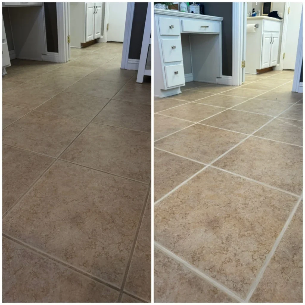 Before and after tile and grout cleaning: a dull, dirty kitchen tile floor cleaned to bright tile and grout in a Las Vegas home